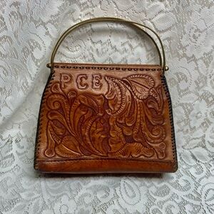 Vintage, PCE Genuine Brown FloralTooled Leather  Handbag 10in x 7in x 3in